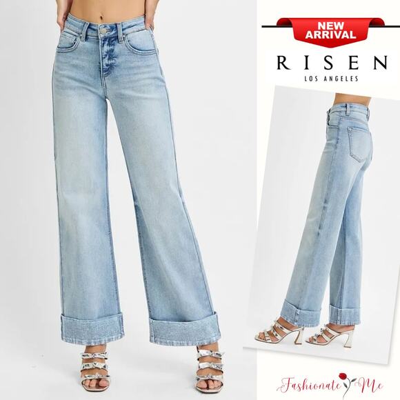 RISEN Tummy Control High Rise Cuffed Hem Zip Fly Light Wash Ankle Wide Leg Jeans - Picture 1 of 7